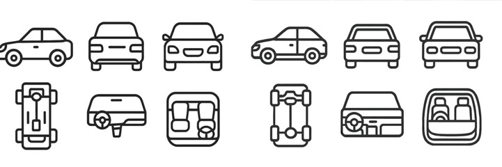 Fototapete - Collection of simplistic web icons depicting various car designs and components arranged in a grid format