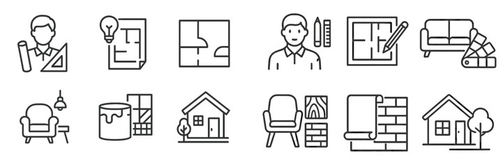 Aufkleber - Collection of minimalistic web icons related to architecture, interior design, and home improvement