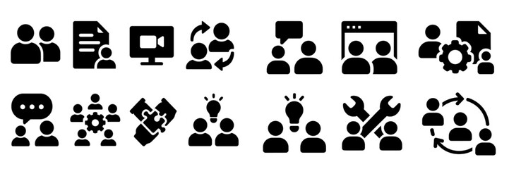 Poster - Collection of black web icons representing communication, collaboration, and technology concepts for digital platforms