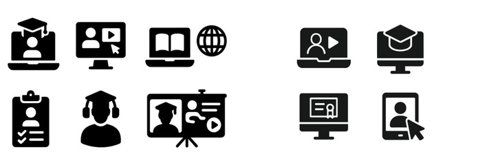 Aufkleber - Collection of black and white web icons representing various online learning activities and educational tools