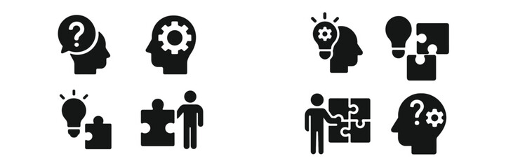 Leinwandbilder - Set of web icons depicting problem-solving, idea generation, and brainstorming concepts with stylized human figures and puzzle pieces