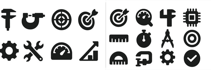 Fototapete - Collection of black web icons featuring tools, metrics, and precision instruments for digital design