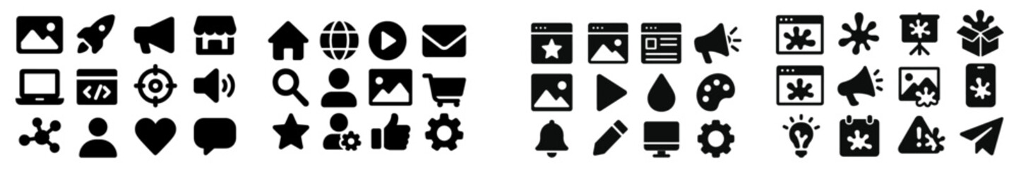 Leinwandbilder - Collection of black web icons representing various digital activities and services for user interface design