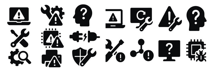 Fototapete - Set of web icons depicting warning and troubleshooting symbols for digital issues and technology support