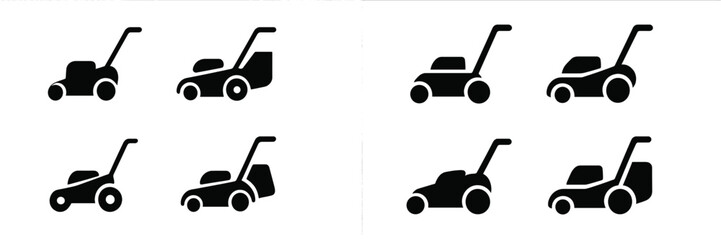Set of simple lawn mower web icons for digital design and user interfaces in various styles and orientations