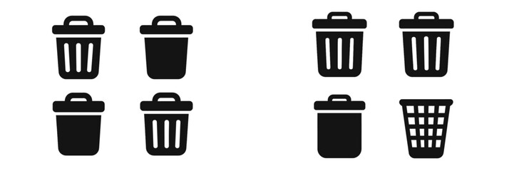 Leinwandbilder - Collection of black web icons representing various trash bin designs for digital interfaces and applications