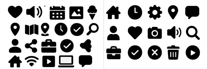 Aufkleber - Set of web icons featuring various symbols for navigation, communication, and social interaction in black silhouette style