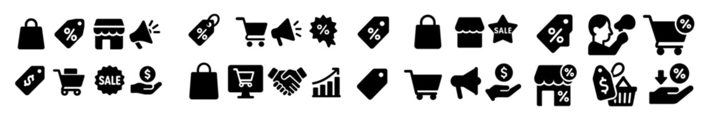 Poster - Collection of web icons representing shopping, discounts, and retail activities in a modern digital design