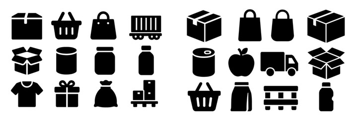Leinwandbilder - Collection of black and white web icons representing various types of packaging and consumer goods