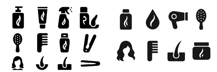 Fototapete - Collection of black and white web icons representing various hair care and styling tools and products for digital design