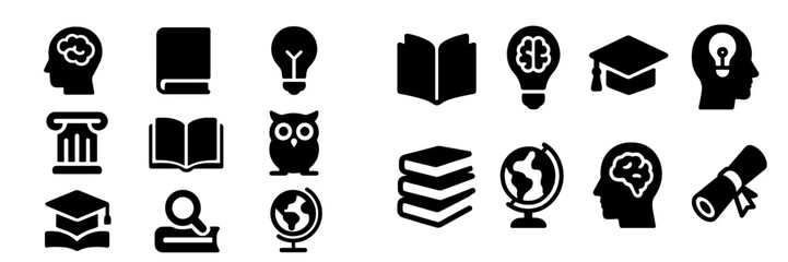 Poster - Collection of educational web icons representing knowledge, learning, and academic concepts in a clean black design