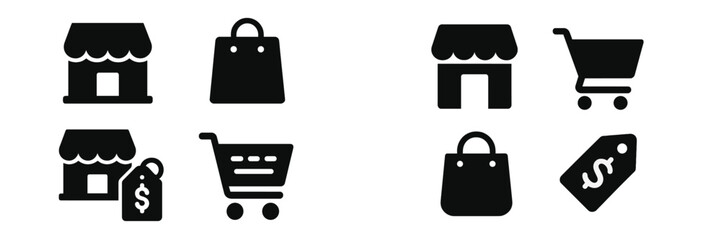 Aufkleber - Set of black web icons representing shopping elements, including stores, shopping bags, and carts for e-commerce designs