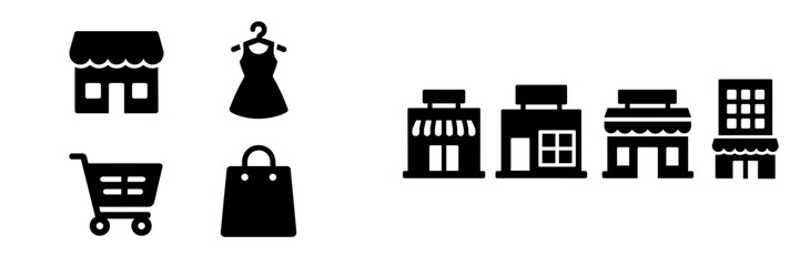 Aufkleber - Collection of web icons representing retail and shopping activities including stores, clothing, and shopping carts