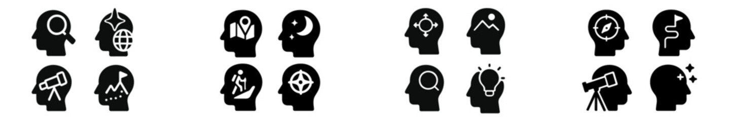 Poster - Collection of web icons showcasing various human head silhouettes and associated themes like exploration and creativity