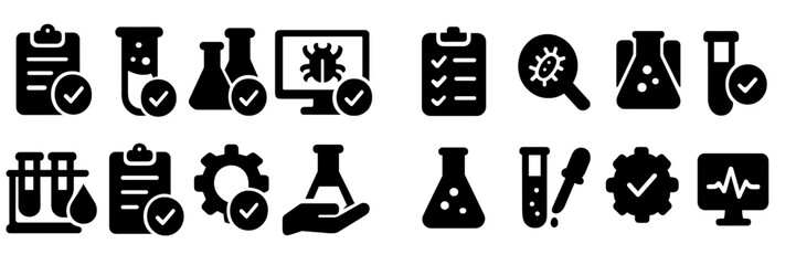 Aufkleber - Collection of black and white web icons depicting laboratory equipment and scientific tasks for web design and interface use