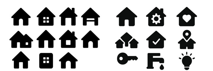 Poster - Collection of web icons featuring various house designs and related symbols for digital use