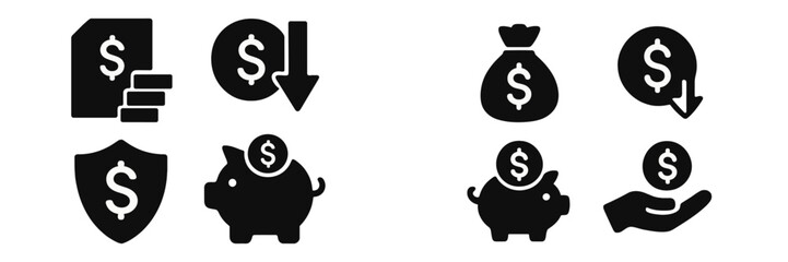Poster - Set of black web icons illustrating financial concepts and transactions related to savings, investments, and money management