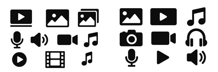 Fototapete - Collection of web icons representing multimedia functions including audio, video, and image formats for digital applications