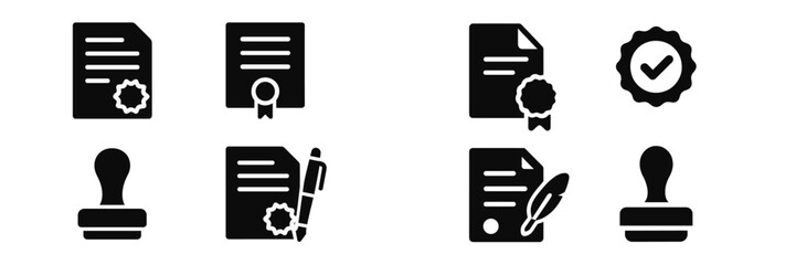 Poster - Set of black and white web icons representing documents, certifications, and stamps for digital communication and design