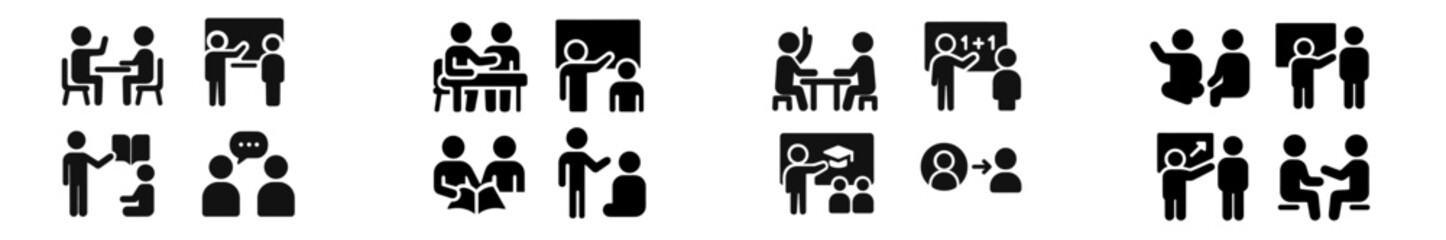 Poster - Collection of web icons illustrating various collaborative activities and communication styles among individuals in professional settings
