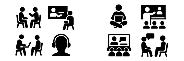 Poster - Collection of web icons illustrating various online communication and collaboration scenarios for digital interaction