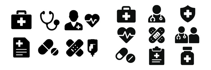 Fototapete - Collection of medical web icons featuring various health symbols and tools for digital applications and design