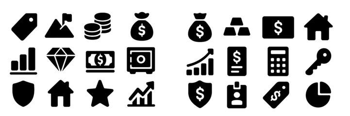 Leinwandbilder - Collection of black web icons for finance, analytics, and security features used in digital applications and websites