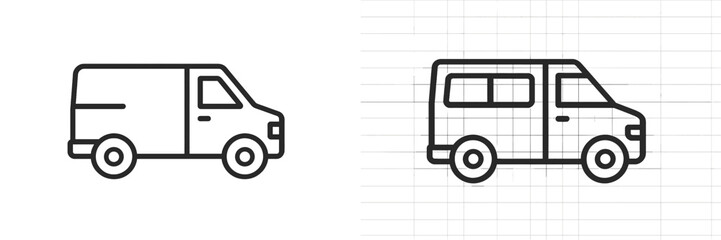 Leinwandbilder - Collection of web icons featuring simple line art designs of delivery vans on a grid background