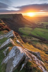 Wall Mural - Dramatic Sunrise Over Binevenagh Mountain Northern Ireland Landscape Photography from Cliffside Viewpoint