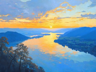 Wall Mural - Serene river landscape painting at sunset with mountains and trees in blue and orange hues