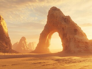 Wall Mural - Majestic sandstone arch bathed in golden light in a vast desert landscape scenic view at sunrise or sunset
