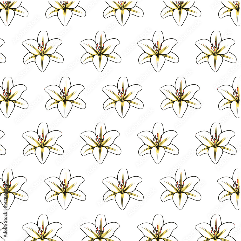 Lily flower Seamless Pattern Hand drawn vector line art, Black and ...
