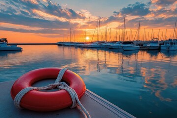 Wall Mural - Red lifebuoy and boats docked at the harbor, sunset light. Perfect for travel ads, safety campaigns, or coastal themes.