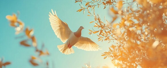 Wall Mural - white dove in flight, bathed in golden sunlight