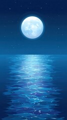 Wall Mural - a bright full moon reflects over a calm, blue ocean under a starry night sky.