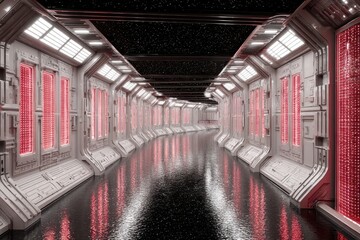 Wall Mural - A futuristic, metallic corridor with glowing red panels and a starry outer space view through the ceiling.