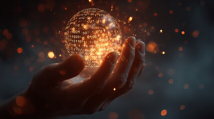 Glowing Sphere with Binary Code in Persons Hand Concept