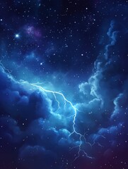 Wall Mural - Dramatic Night Sky with Lightning Storm and Starry Galaxy Overhead Digital Art Illustration