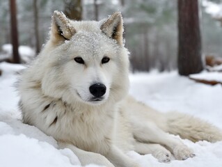 Wall Mural - White wolf resting in snowy forest