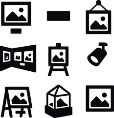 art display icons set – silhouette, gallery and exhibition design elements