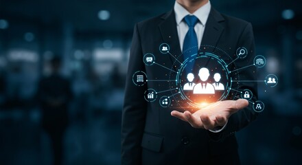 Wall Mural - a professional in a suit holds a digital network interface representing connections and communicatio