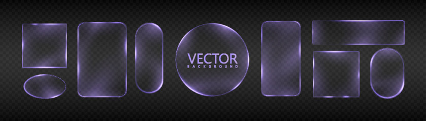 Set of glowing neon frames in purple tones on transparent background. Vivid frames are suitable for UI overlays, banners, product packaging, app templates and design accents.

