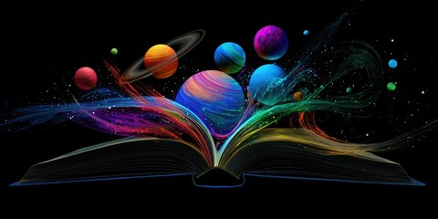 Wall Mural - a dream world emerging from the centerfold of an open book, planets swirling outward in vibrant colo