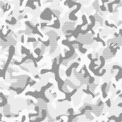 Poster - Abstract halftone seamless camouflage pattern. Repeating digital dotted hexagonal camo military texture background. Abstract modern fabric textile ornament. Vector illustration.