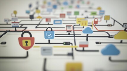 Complex network of interconnected data icons.