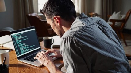 Aufkleber - Focused coding session with young man programmer on laptop at home office, programming in bright, calm workspace atmosphere