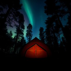Wall Mural - Silhouette backlighting from an overhead bird’s eye view of a camping tent in a forest with an aurora background. Top-down perspective, light source behind the tent, creating a dramatic silhouette