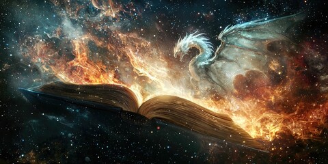 Wall Mural - dreamy fantasy creatures in space leaving the bookâ€™s spine as if awakened