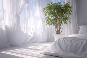 Poster - Serene Bedroom Interior with White Curtains and Potted Plant, Natural Light, Minimalist Style, Home Decor, Interior Design
