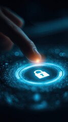 Fototapete - Finger presses glowing padlock icon on digital interface for security concept close up shot